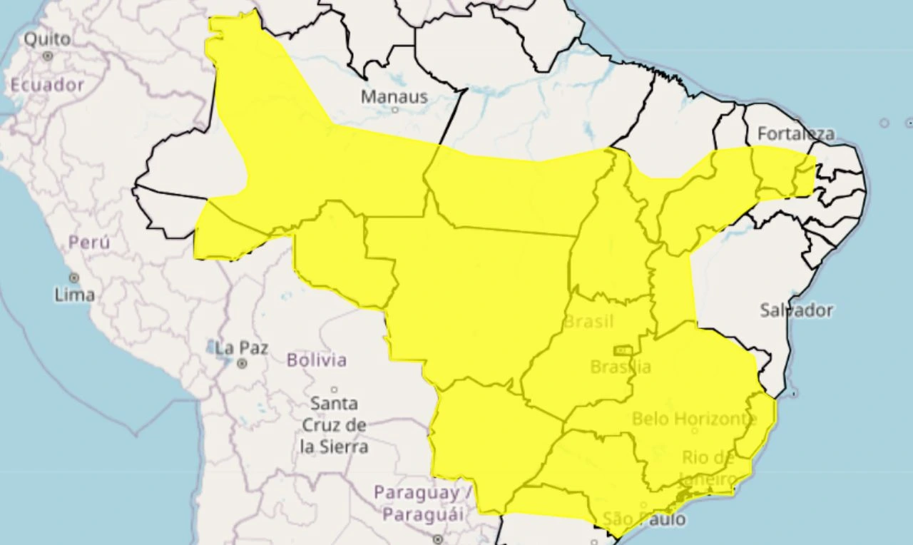 Trata-se de um alerta amarelo para chuvas intensas e ventania em grande parte do Brasil